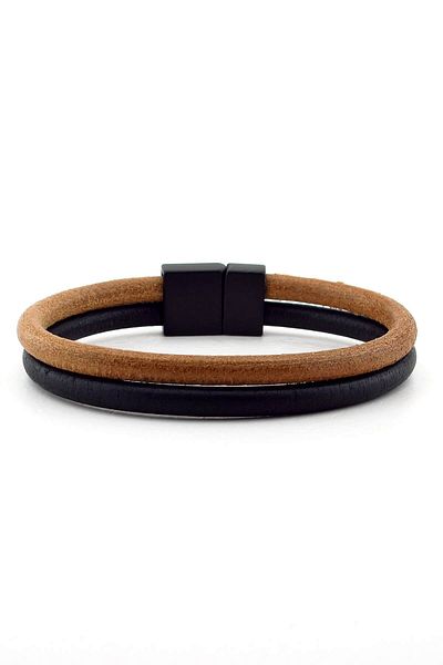 Solfera Men's Tan and Black Double Row Original Leather Bracelet BT338