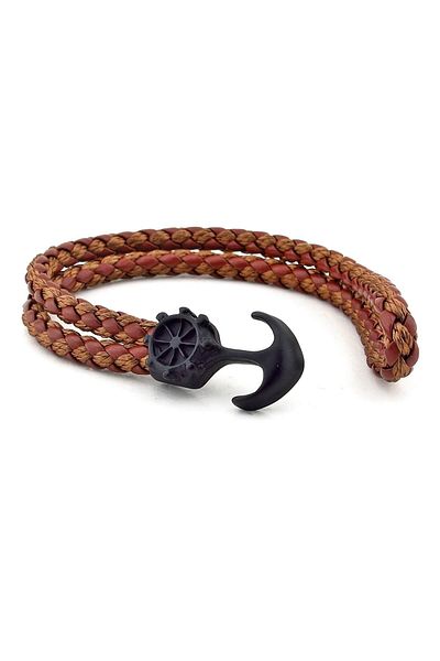 Solfera Men's Black Metal Anchor Brown Bracelet BT255