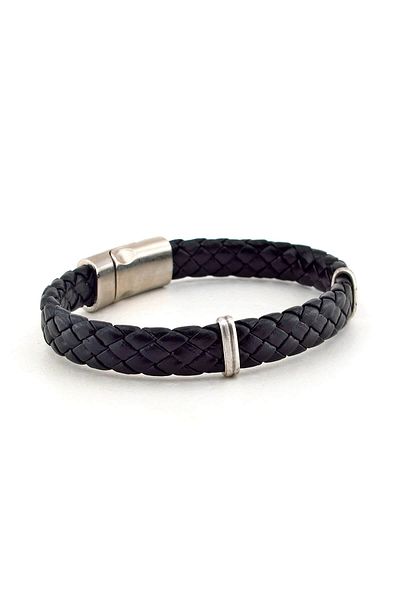 Solfera Men's Black Leather Metal Clip Bracelet BT322