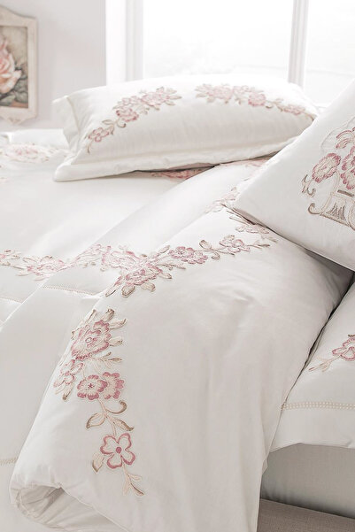 Taç Yatak Örtülü Lüks Nevresim Takımı - Valeria Ekru