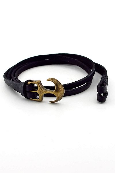 Solfera Men's Double Wrap Bronze Anchor Black Leather Bracelet Bt372