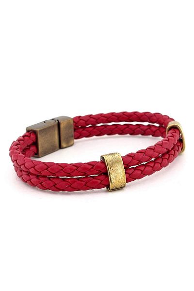 Solfera Men's Red Leather Double Row Antique Yellow Metal Bracelet Bt528