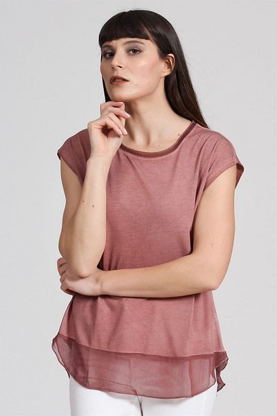 Seamoda Tricou pentru femei din șifon cu vârf de fustă spălat cu ulei - Tigla deschisă PRA- 236849 - 326973