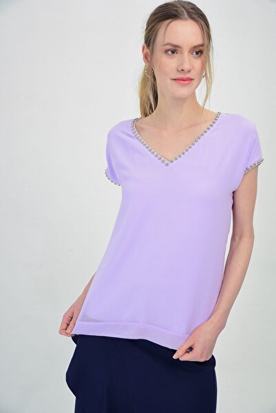 Hanna's by Hanna Darsa Kadın Lila V Yakalı Ve Boncuk Işlemeli Şifon Bluz Hn1427