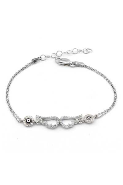 Welch Kadın Beyaz Taşlı Nazar Boncuklu Kanat Gümüş Bileklik WB472