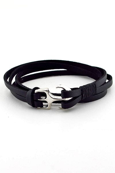 Solfera Men's Metal Anchor Real Black Leather Sailor Bracelet Bt373