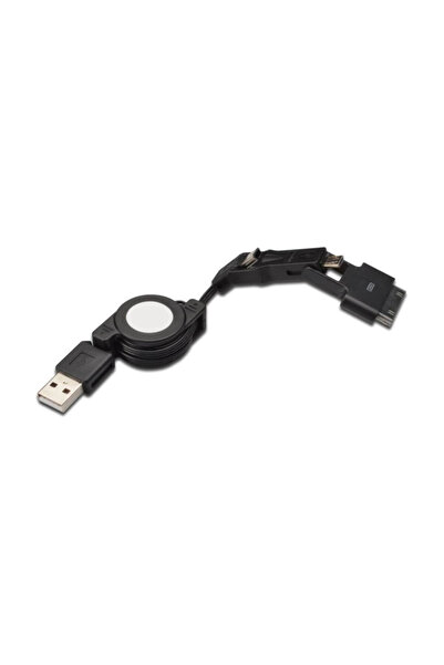 Assmann 3 in 1 Makaralı Kablo, 30pin erkek <-> micro USB B erkek + mini...