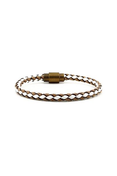 Solfera Men's Brown Braided White Leather Metal Clip Bracelet BT400