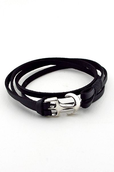 Solfera Men's Metal Anchor Real Black Leather Sailor Bracelet Bt373