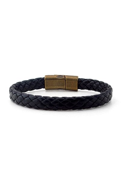 Solfera Men's Black Leather Bronze Micnatis Clip Bracelet BT332