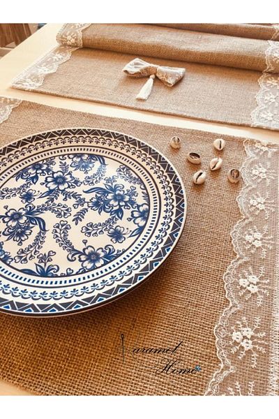 BiDünya Δαντελένιο χειροποίητο ρούχο από γιούτα και σετ αμερικανικής σέρβις 6 τεμαχίων
