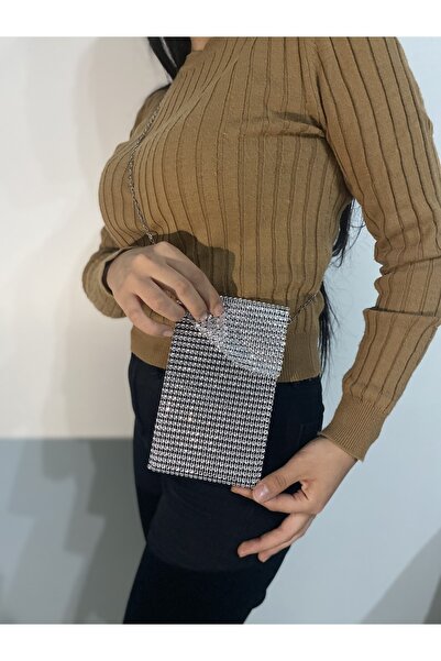 SmY Bag Astarlı Metal Örme Taş Görünümlü Askılı Telefon Ve Gece Çantası