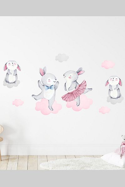 Sim Tasarım Dancing Ballerina Rabbit Family Wall Sticker Set