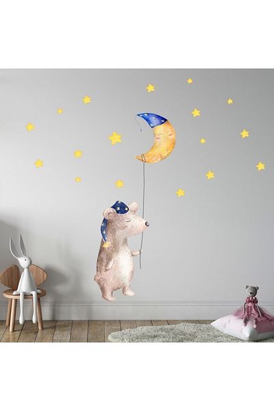 Sim Tasarım Grandpa Moon and Teddy Bear Sleep Well Wall Sticker Set