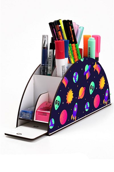kutuTR Wooden Vip Galaxy Model Rainbow Ruled Desktop Pen Holder Organizer Assembled Boxed
