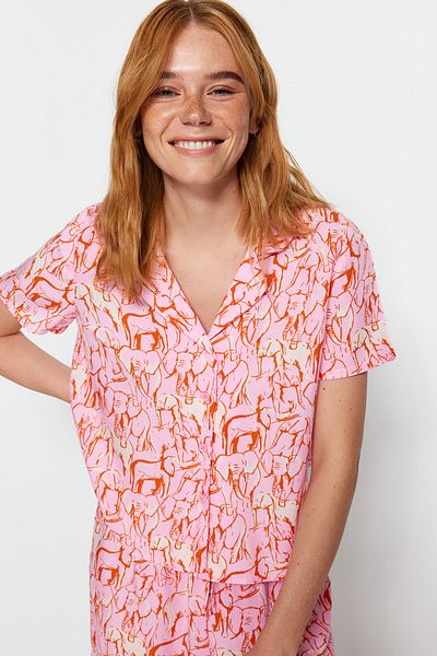 Trendyol Collection Pink Viscose Animal Patterned Shirt-Shorts Woven Pajama Set THMSS21PT0861