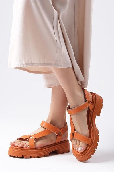 Mio Gusto Sierra Orange Color Thick Sole Velcro Women's Sandals Shoes