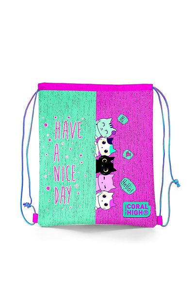 Coral High Kids Pink Water Green Cat Patterned Drawstring Drawstring Backpack 22694