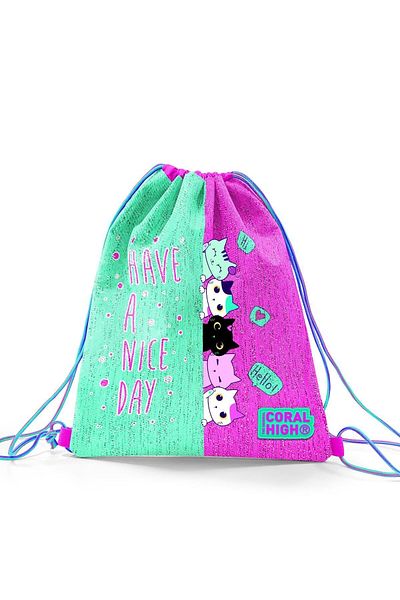 Coral High Kids Pink Water Green Cat Patterned Drawstring Drawstring Backpack 22694