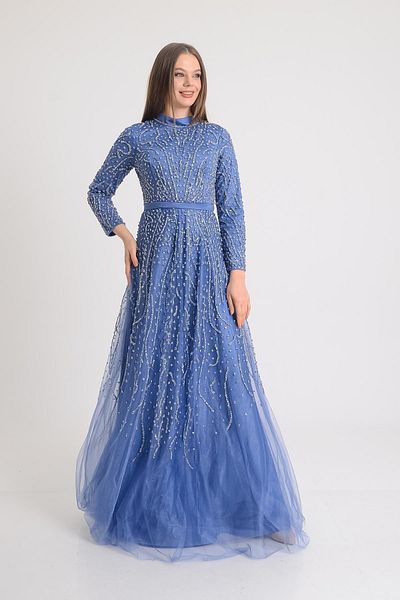 SpringStore Rochie de seară hijab cu mânecă lungă cu detaliu de piatră albastră