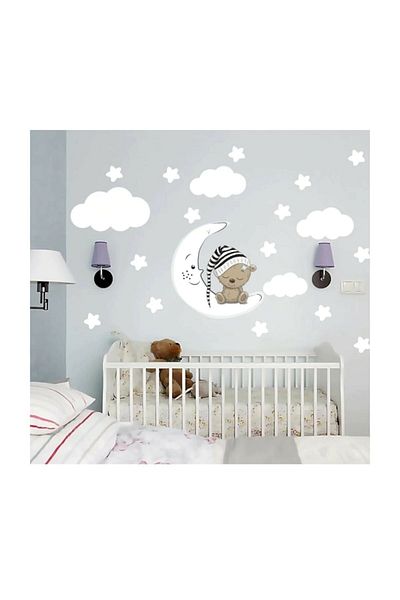 Sim Tasarım Sleeping Teddy Bear, Star, Cloud Set Baby Kids Room Wall Sticker