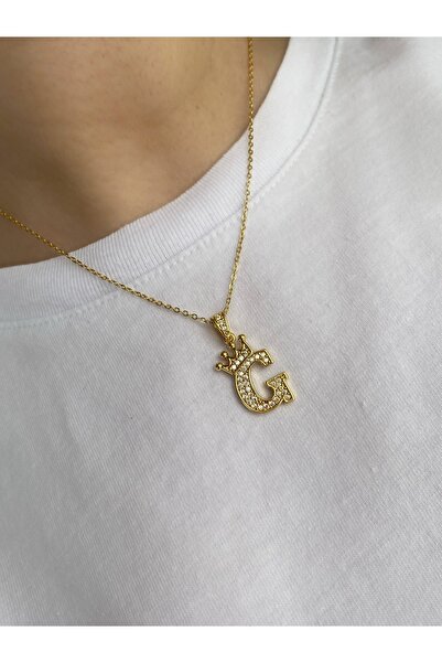 Owentis قلادة من الفولاذ بحجر ذهبي على شكل حرف G - لا تشويه -