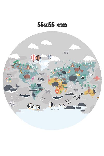 Sim Tasarım Gray Round World Map with English Writing Wall Sticker