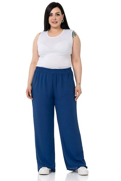 DISENTIS MODEST Plus Size Elastic Waist Lined Wide Leg Chiffon Navy Blue Trousers