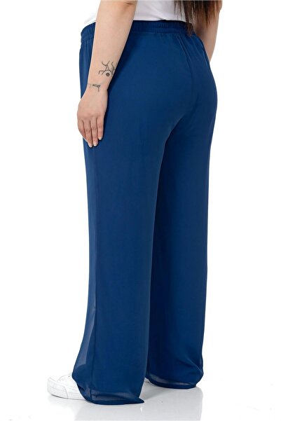 DISENTIS MODEST Plus Size Elastic Waist Lined Wide Leg Chiffon Navy Blue Trousers