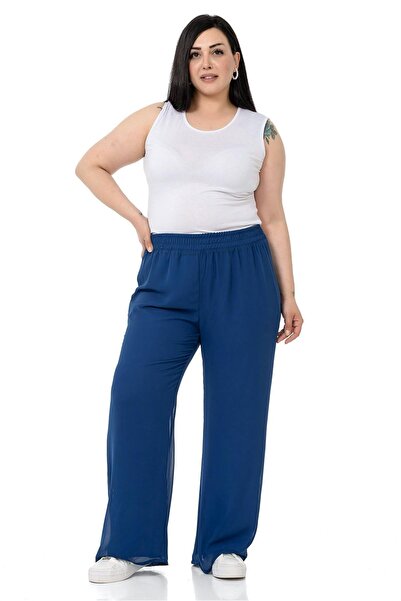 DISENTIS MODEST Plus Size Elastic Waist Lined Wide Leg Chiffon Navy Blue Trousers