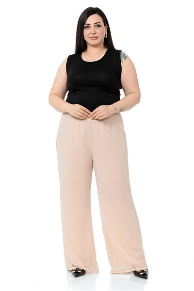 DISENTIS MODEST Plus Size Elastic Waist Lined Wide Leg Chiffon Beige Trousers