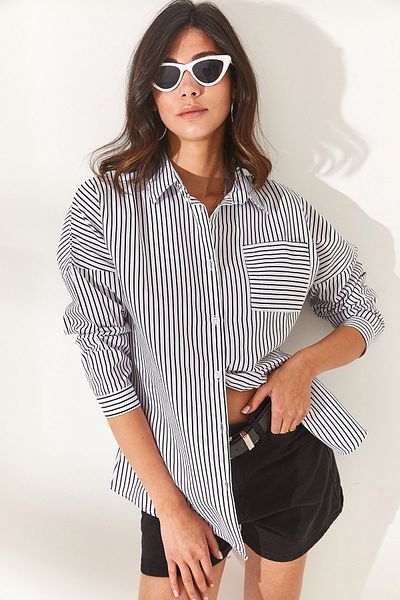 Olalook Women's Black Pocketed Striped Bat Oversize Shirt GML-19001122