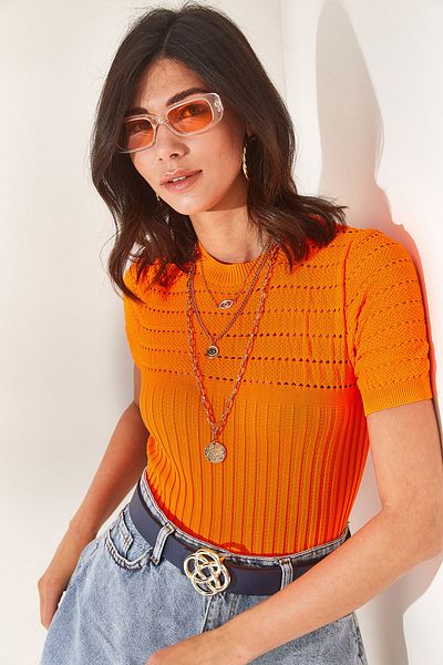 Olalook Women's Orange Openwork Ribbed Knitwear Blouse BLZ-19002270