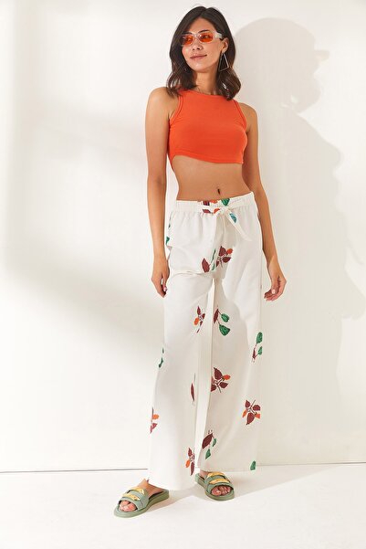 Olalook Women's Floral Tile Belted Patterned Linen Content Palazzo Trousers PNT-19000230