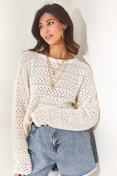 Olalook Women's Ecru Crew Neck Openwork Casual Cotton Knitwear Blouse BLZ-19002304