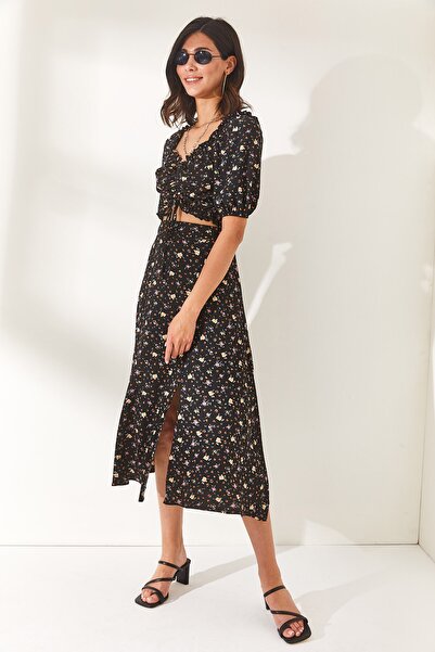 Olalook Dámská květinová černá top halenka spodní rozparkovaná sukně sada TKM-19000188