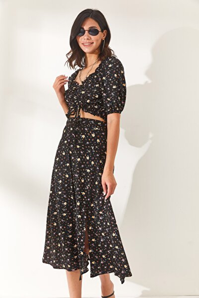 Olalook Dámská květinová černá top halenka spodní rozparkovaná sukně sada TKM-19000188