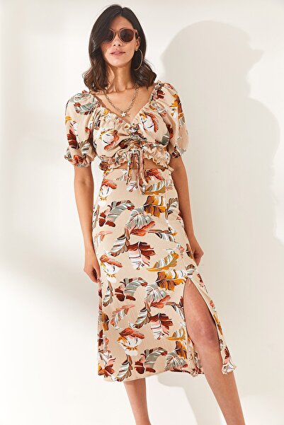 Olalook Women's Palm Beige Top Blouse Bottom Slit Skirt Set TKM-19000188