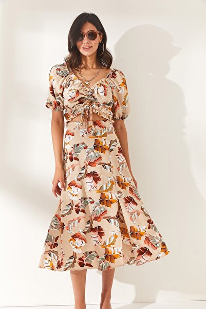 Olalook Women's Palm Beige Top Blouse Bottom Slit Skirt Set TKM-19000188