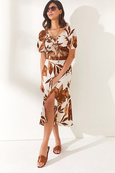 Olalook Damen Blatt Ecru Hellbraun Oberteil Bluse Unterteil Schlitz Rock Set TKM-19000188