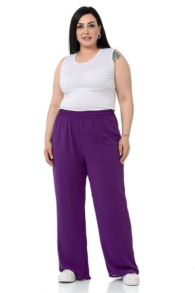 DISENTIS MODEST Plus Size Elastic Waist Lined Wide Leg Chiffon Purple Trousers