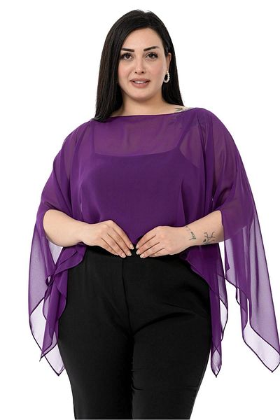 DISENTIS MODEST Plus Size Asymmetric Cut Chiffon Purple Cloak Bolero