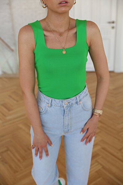 Jose Clothing Kadın Kare Yaka Kalın Askılı Triko Bluz