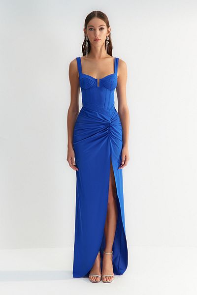 Trendyol Collection X Zeynep Tosun Granatowa, dopasowana, przeszywana sukienka wieczorowa i na zakończenie szkoły TCLSS23AE00010