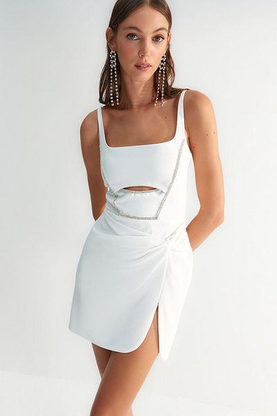 Trendyol Collection X Zeynep Tosun Ecru Shiny Stone Cut Out Dress TCLSS23EL00017