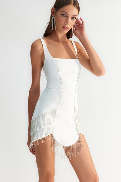 Trendyol Collection X Zeynep Tosun Ecru Shiny Stone Dress TCLSS23EL00023