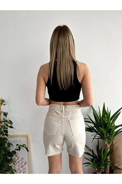 ÇEÇİM Kadın Yüksek Bel Paçası Püskül Detaylı 5 Cepli Denim Şort