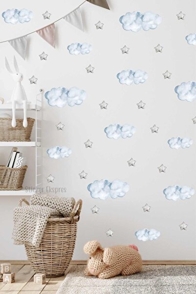 Sticker Ekspres Gri Yıldızlı Pastel Mavi Bulutlar Çocuk Odası Duvar Sticker Seti