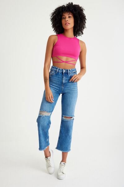 Top Step Ribbed Camisole Piping Detailed Crop Body