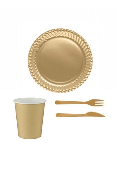Anka Gold Color Plastic Plate Cup Cutlery Set for 24 People